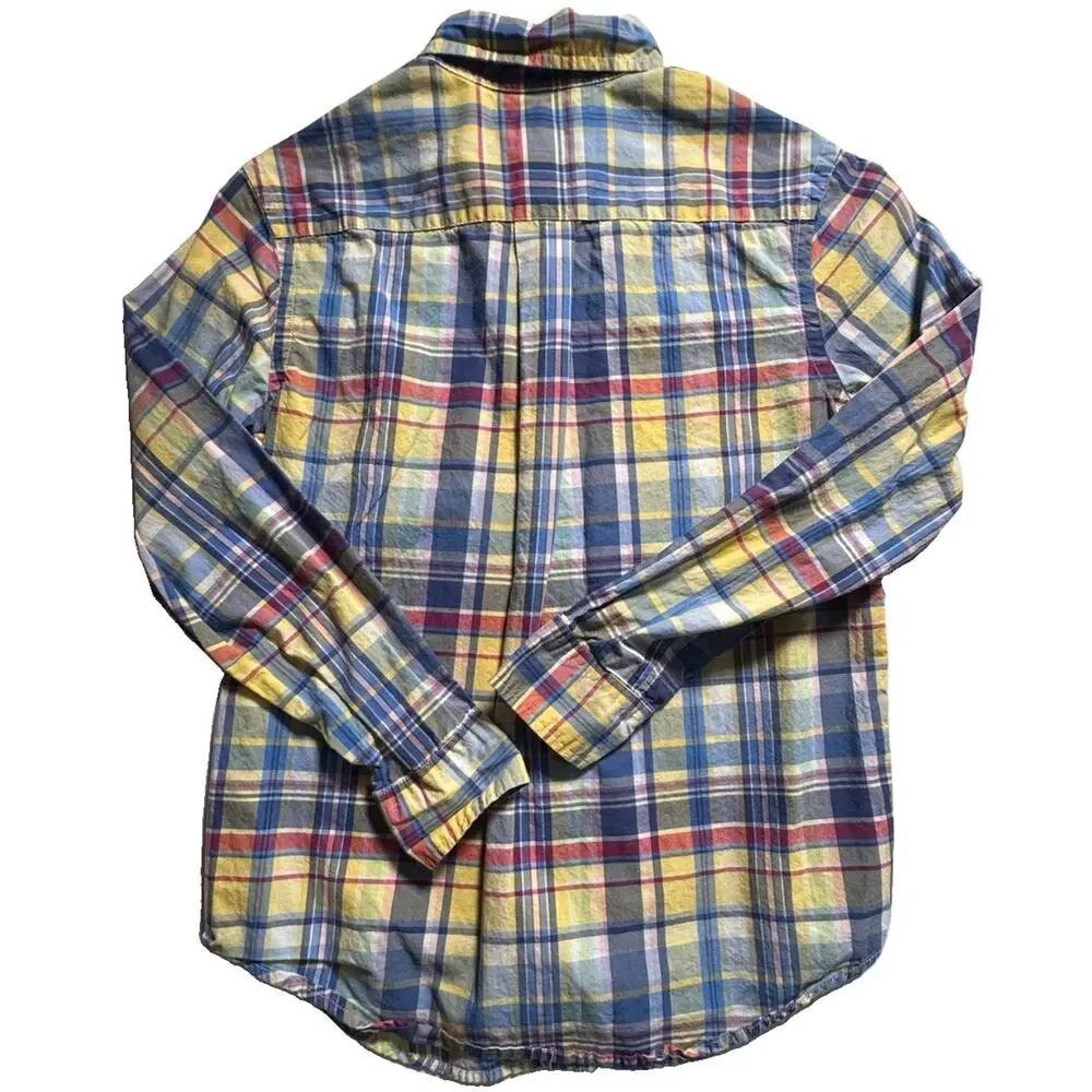 Ralph Lauren Boys M 10-12 Blue Yellow Plaid Button Down Shirt Pony Logo Cotton